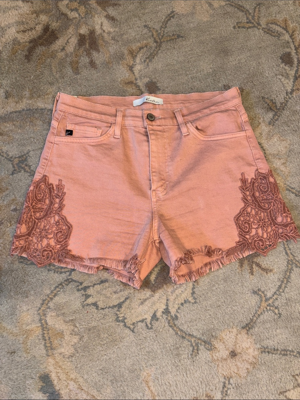 Dusty Rose Lace-Trim Denim Shorts
